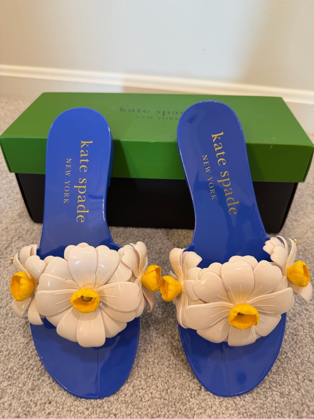kate spade cobalt blue sandals with cream & yellow floral accents